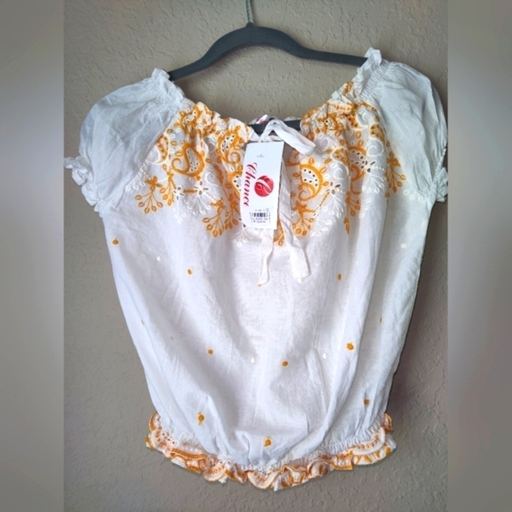 Chance Women's/Junior Boho White Floral Blouse Top Size M